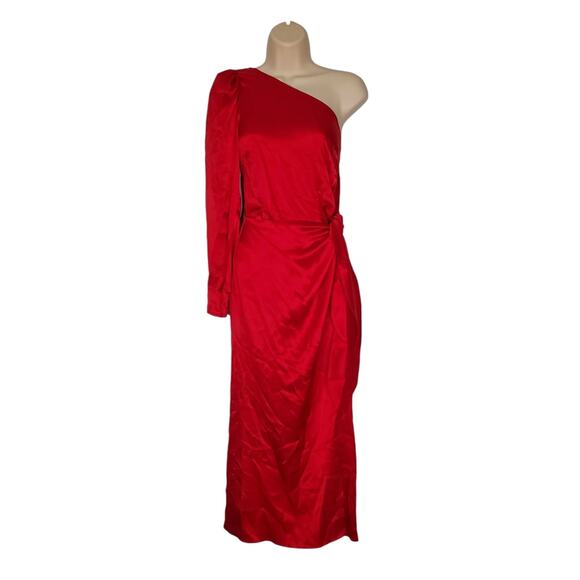 Reformation Justine 100% Silk High Slit One Shoulder Midi Dress Cherry Red 4 - Picture 2 of 9